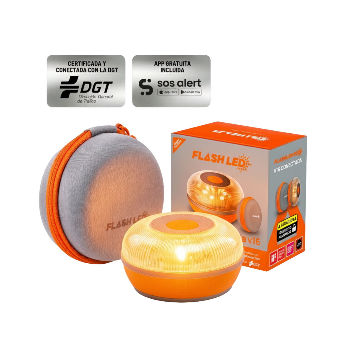 FlashLED SOS con funda - Baliza V16 IoT Conectada a Telefónica y DGT + App SOS Alert