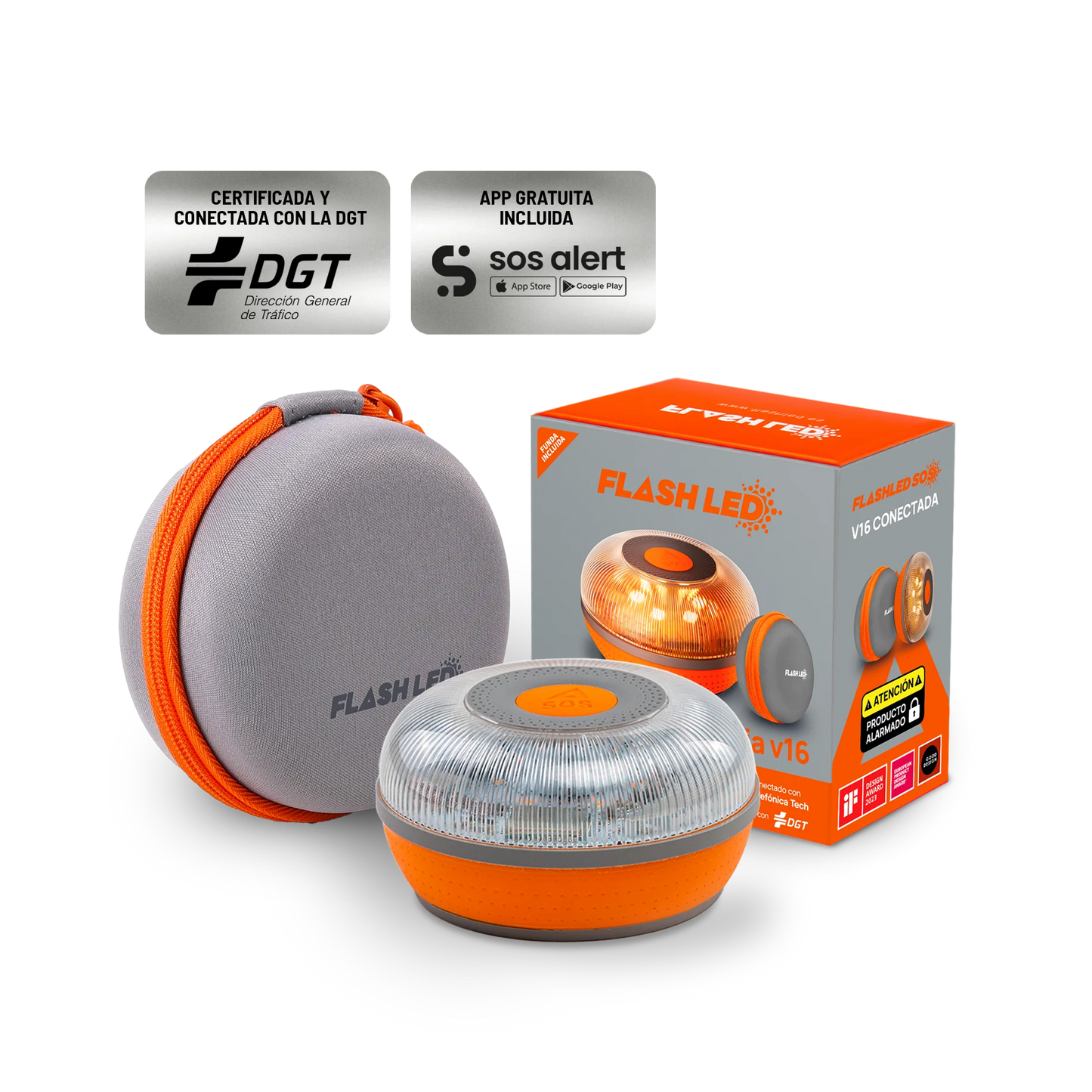 FlashLED SOS con funda - Baliza V16 IoT Conectada a Telefónica y DGT + App SOS Alert