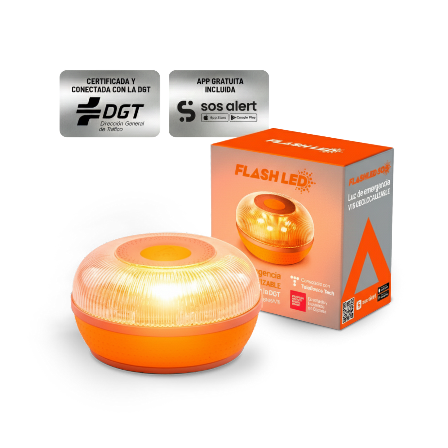 FlashLED SOS - Baliza V16 IoT Conectada a Telefónica y DGT + App SOS Alert