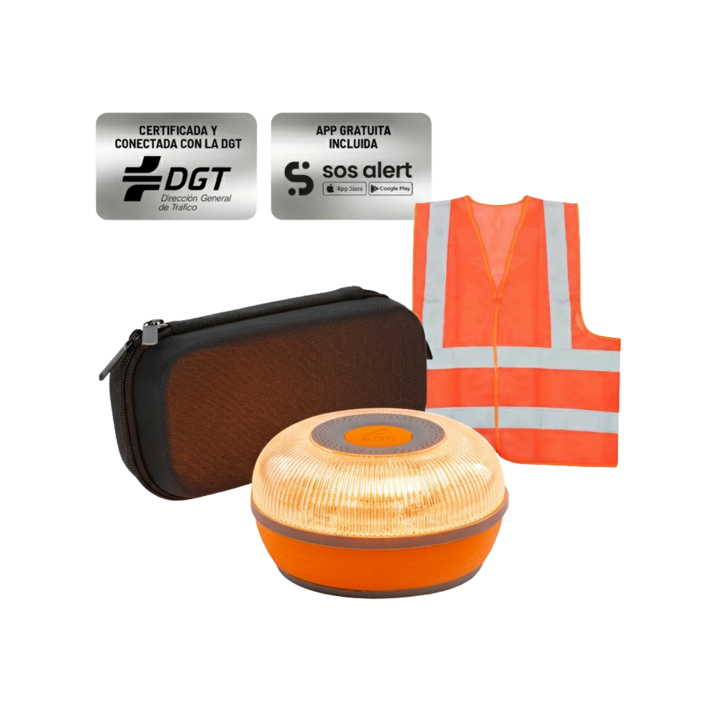 Kit de Emergencia en carretera - FlashLED SOS V16 + Chaleco Homologado + Funda de Transporte