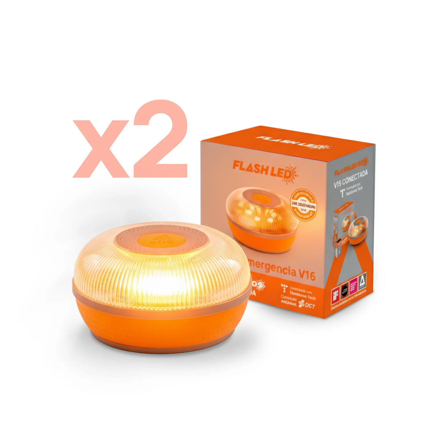 Pack de 2 FlashLED SOS Baliza V16 IoT Conectada a Telefónica y DGT + App SOS alert
