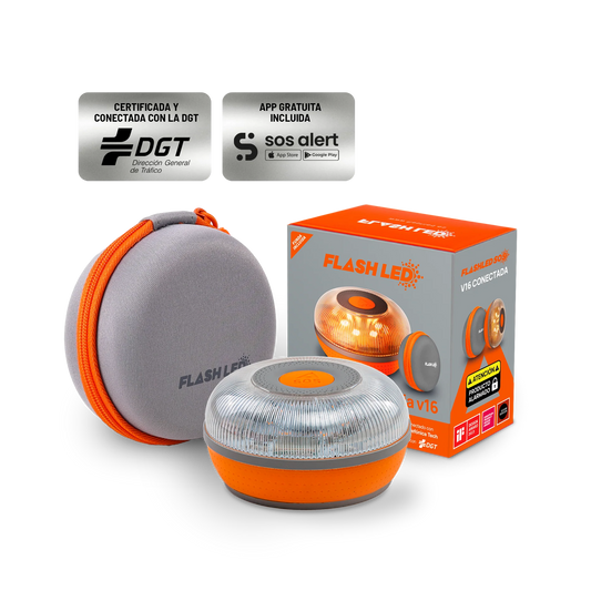 FlashLED SOS con funda - Baliza V16 IoT Conectada a Telefónica y DGT + App SOS Alert