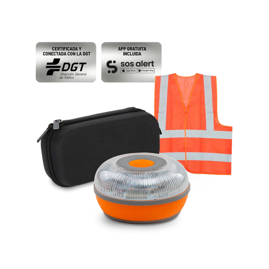 Kit de Emergencia en carretera - FlashLED SOS V16 + Chaleco Homologado + Funda de Transporte